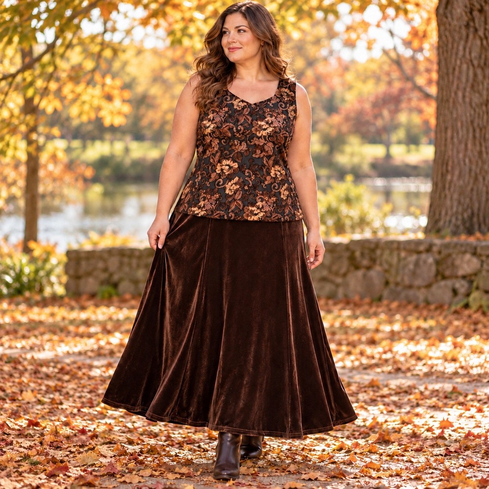 Coldwater Creek Brown Velvet 2 Piece Floral Burnout Top & Maxi Skirt WhimseyGoth